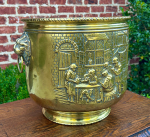 Antique English Brass Planter Lion Heads Flowerpot Pub Scenes c.1930