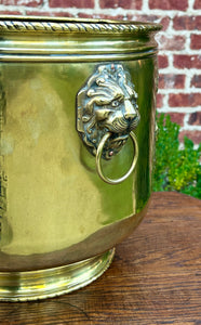 Antique English Brass Planter Lion Heads Flowerpot Pub Scenes c.1930