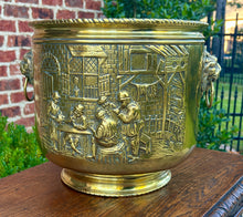 Load image into Gallery viewer, Antique English Brass Planter Lion Heads Flowerpot Pub Scenes c.1930