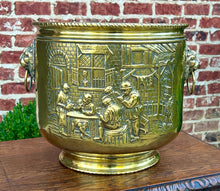 Load image into Gallery viewer, Antique English Brass Planter Lion Heads Flowerpot Pub Scenes c.1930