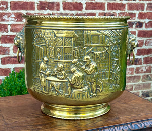 Antique English Brass Planter Lion Heads Flowerpot Pub Scenes c.1930