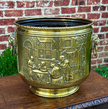 Load image into Gallery viewer, Antique English Brass Planter Lion Heads Flowerpot Pub Scenes c.1930