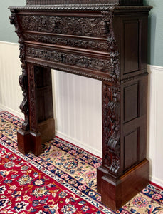 Antique French Fireplace Mantel Surround Renaissance Revival Carved Oak 19thC