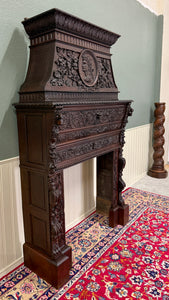 Antique French Fireplace Mantel Surround Renaissance Revival Carved Oak 19thC