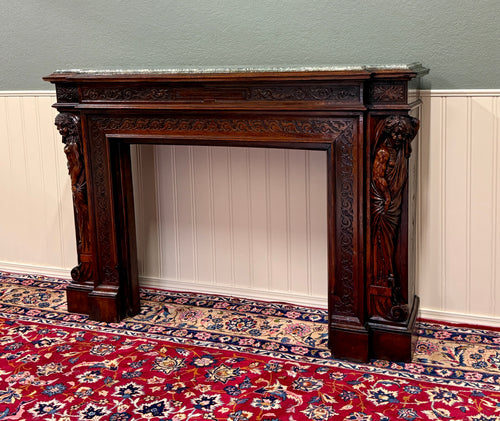 Antique French Fireplace Mantel Surround Marble Top Renaissance Revival Oak 19C