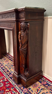 Antique French Fireplace Mantel Surround Marble Top Renaissance Revival Oak 19C