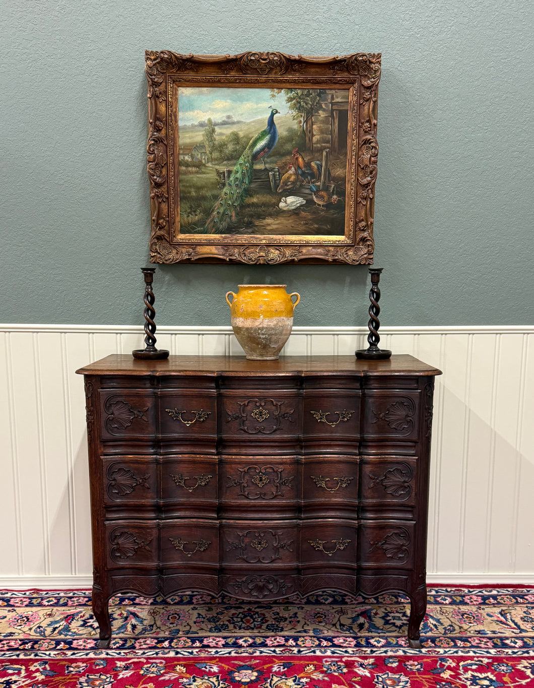 Antique French Chest of Drawers Commode Serpentine Carved Oak Louis XV