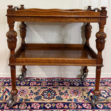 Load image into Gallery viewer, Antique English Trolley Tea Cart Pastry Cocktail Bar Cart Tray Tudor Oak 1930s 1