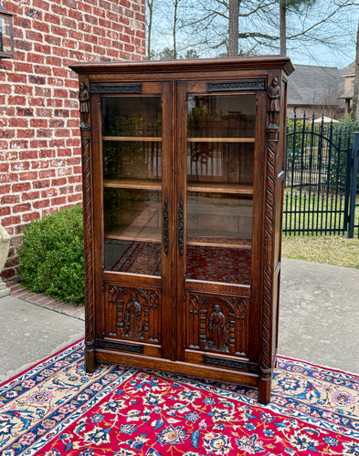 Antique French Gothic Bookcase Cabinet Bookshelf 2 Glass Doors Oak c. 1920s-30s