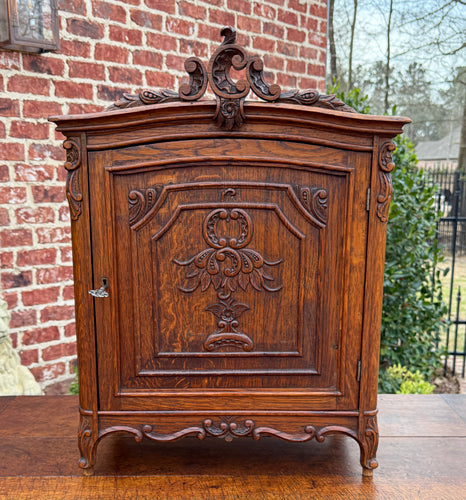 Antique French Table Top Cabinet Louis XV Style Carved Oak w Key c. 1920s