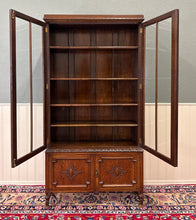 Load image into Gallery viewer, Antique English Jacobean Bookcase Bookshelf Cabinet Double Door Oak c.1930s