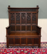 Load image into Gallery viewer, Antique French Gothic Bench Settee Oak Arches Linen Fold Lift Top Seat c. 1900
