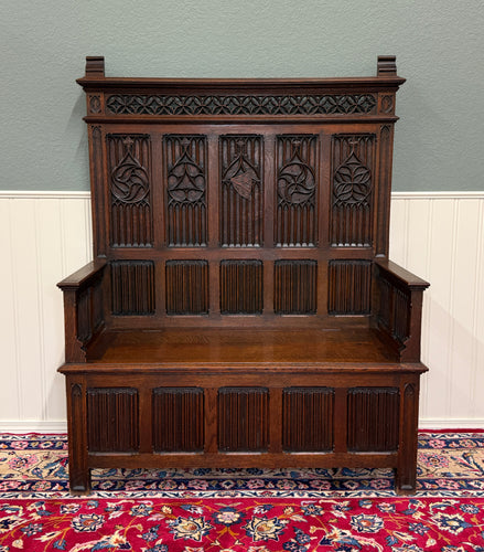 Antique French Gothic Bench Settee Oak Arches Linen Fold Lift Top Seat c. 1900