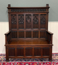 Load image into Gallery viewer, Antique French Gothic Bench Settee Oak Arches Linen Fold Lift Top Seat c. 1900