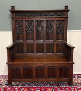 Antique French Gothic Bench Settee Oak Arches Linen Fold Lift Top Seat c. 1900