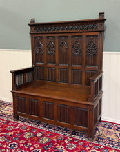 Load image into Gallery viewer, Antique French Gothic Bench Settee Oak Arches Linen Fold Lift Top Seat c. 1900