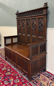 Antique French Gothic Bench Settee Oak Arches Linen Fold Lift Top Seat c. 1900