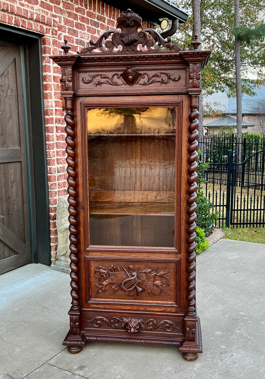 Antique French Bookcase Cabinet Display Barley Twist Scholars Carved Oak 19th C