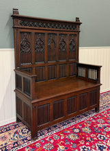 Load image into Gallery viewer, Antique French Gothic Bench Settee Oak Arches Linen Fold Lift Top Seat c. 1900