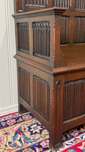 Load image into Gallery viewer, Antique French Gothic Bench Settee Oak Arches Linen Fold Lift Top Seat c. 1900