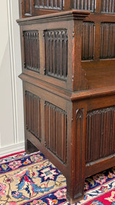 Antique French Gothic Bench Settee Oak Arches Linen Fold Lift Top Seat c. 1900