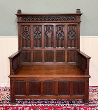 Load image into Gallery viewer, Antique French Gothic Bench Settee Oak Arches Linen Fold Lift Top Seat c. 1900