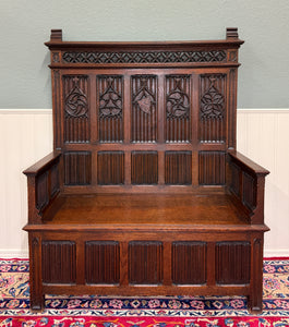 Antique French Gothic Bench Settee Oak Arches Linen Fold Lift Top Seat c. 1900