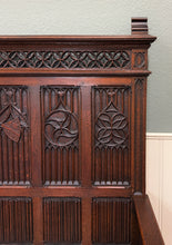 Load image into Gallery viewer, Antique French Gothic Bench Settee Oak Arches Linen Fold Lift Top Seat c. 1900