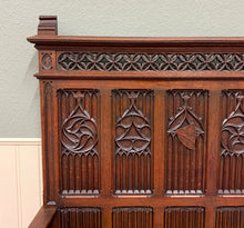 Load image into Gallery viewer, Antique French Gothic Bench Settee Oak Arches Linen Fold Lift Top Seat c. 1900
