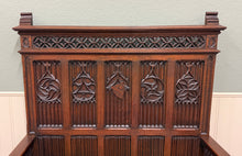 Load image into Gallery viewer, Antique French Gothic Bench Settee Oak Arches Linen Fold Lift Top Seat c. 1900