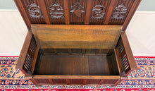 Load image into Gallery viewer, Antique French Gothic Bench Settee Oak Arches Linen Fold Lift Top Seat c. 1900