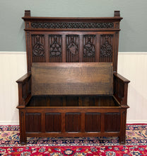Load image into Gallery viewer, Antique French Gothic Bench Settee Oak Arches Linen Fold Lift Top Seat c. 1900