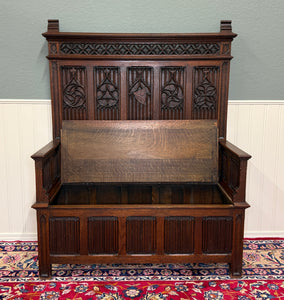 Antique French Gothic Bench Settee Oak Arches Linen Fold Lift Top Seat c. 1900