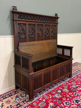 Load image into Gallery viewer, Antique French Gothic Bench Settee Oak Arches Linen Fold Lift Top Seat c. 1900