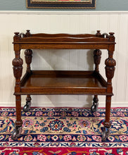 Load image into Gallery viewer, Antique English Trolley Tea Cart Pastry Cocktail Bar Cart Tray Tudor Oak 1930s 2