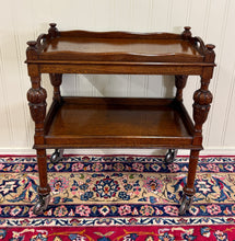 Load image into Gallery viewer, Antique English Trolley Tea Cart Pastry Cocktail Bar Cart Tray Tudor Oak 1930s 2
