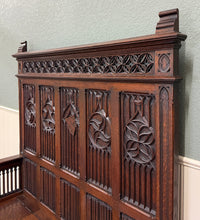 Load image into Gallery viewer, Antique French Gothic Bench Settee Oak Arches Linen Fold Lift Top Seat c. 1900