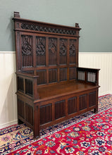 Load image into Gallery viewer, Antique French Gothic Bench Settee Oak Arches Linen Fold Lift Top Seat c. 1900