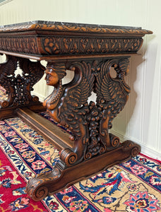 Antique French Coffee Table Bench Window Seat Marble Top Oak Renaissance Revival