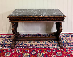 Antique French Coffee Table Bench Window Seat Marble Top Oak Renaissance Revival
