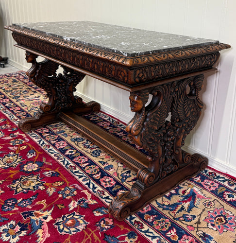 Antique French Coffee Table Bench Window Seat Marble Top Oak Renaissance Revival