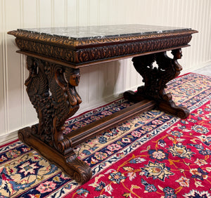 Antique French Coffee Table Bench Window Seat Marble Top Oak Renaissance Revival