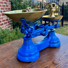 Load image into Gallery viewer, Antique English Shop Scale 7 Graduated Weights With Brass Pans Blue