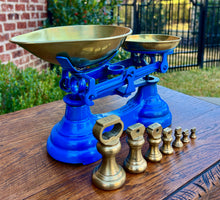 Load image into Gallery viewer, Antique English Shop Scale 7 Graduated Weights With Brass Pans Blue