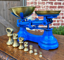 Load image into Gallery viewer, Antique English Shop Scale 7 Graduated Weights With Brass Pans Blue