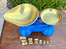 Load image into Gallery viewer, Antique English Shop Scale 7 Graduated Weights With Brass Pans Blue