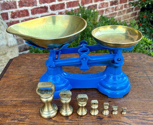 Antique English Shop Scale 7 Graduated Weights With Brass Pans Blue