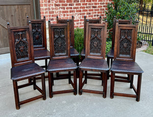 Antique French Set of 8 Chairs Gothic Revival Carved Oak 19th C