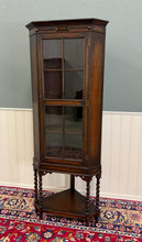 Load image into Gallery viewer, Antique English Jacobean Corner Cabinet Barley Twist Legs Glass Door Oak 1920s
