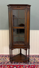 Load image into Gallery viewer, Antique English Jacobean Corner Cabinet Barley Twist Legs Glass Door Oak 1920s